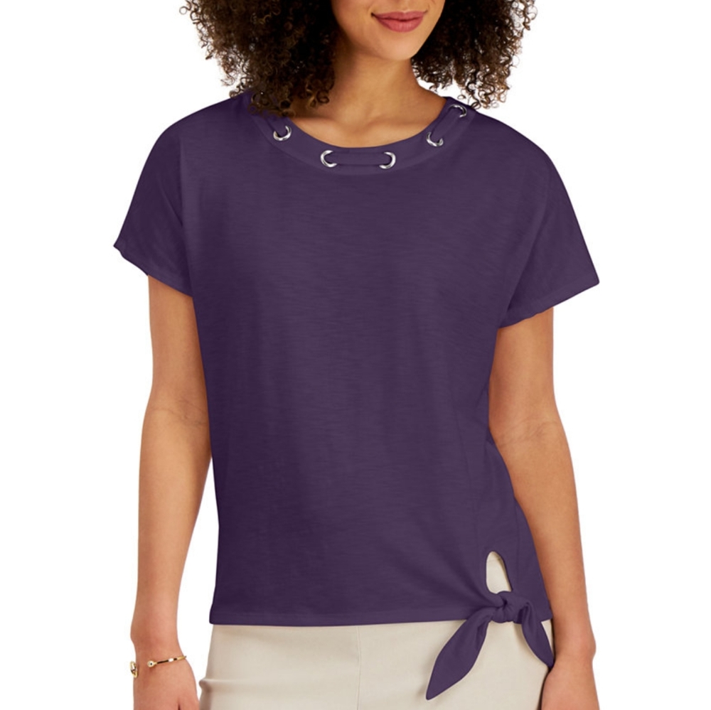 Plum Grommet neckline tie front blouse, NEW
